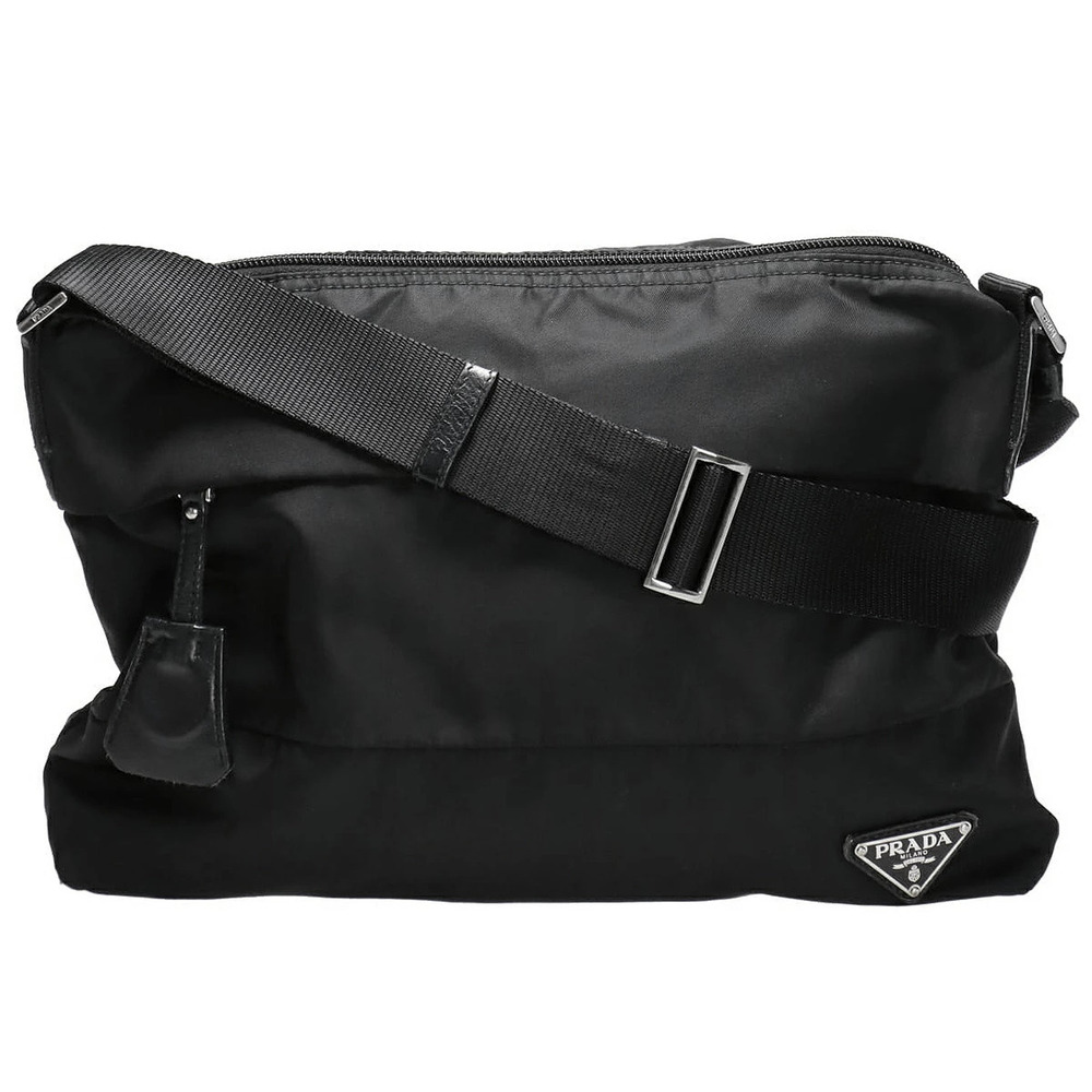 Prada Logo Plate Shoulder Bag Tessuto Nero Black